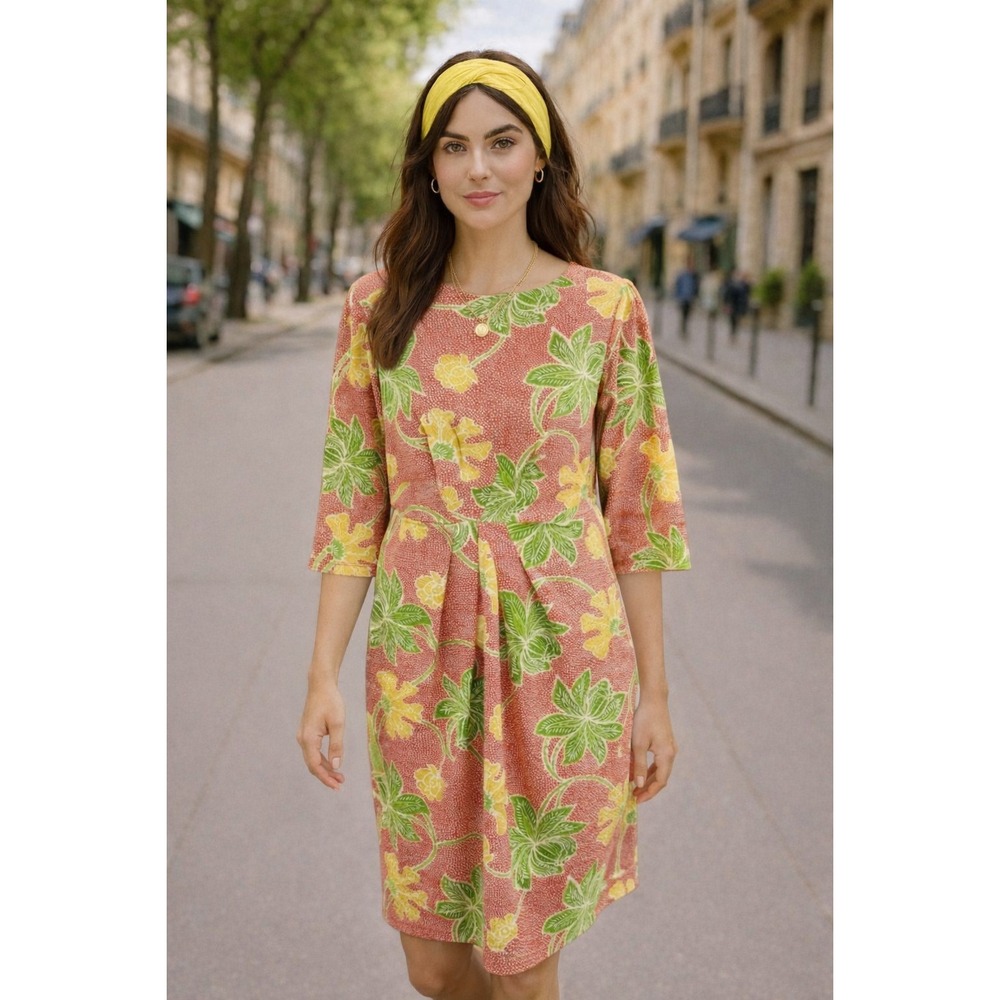 J. McLaughlin Tropical Sheath Dress Medium Coral Pink 3/4 Sleeve Knee Length‎